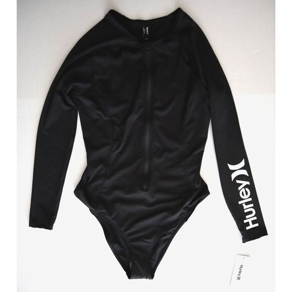 Hurley Women's Sz L Black L/S 1-Pc Front Zip Bodysuit/Swimsuit Surf Rashguard - Picture 1 of 6